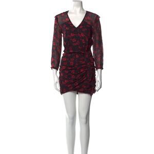AllSaints Harlow Eira Red Floral Ruched V-Neck Long Sleeve Sheer Mini Dress XS